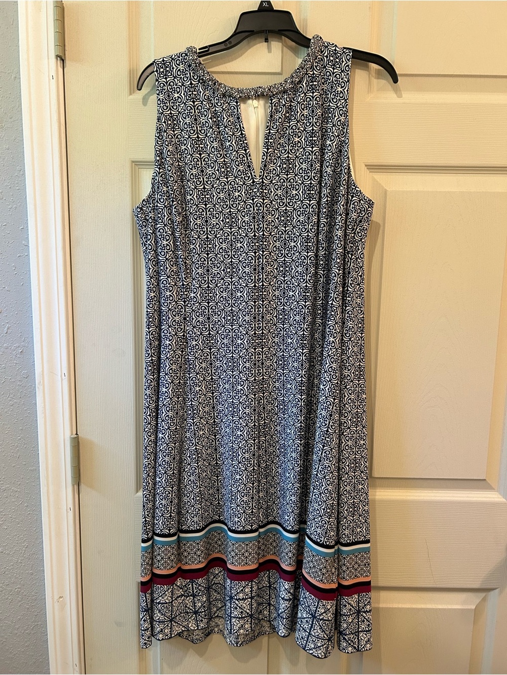 Sleeveless Blue and White Printed Midi Dress with Border Stripe
